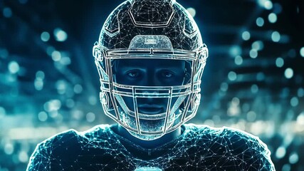 A football player is depicted with high tech graphics and visual effects, set against a vibrant digital background to showcase athletic performance - Powered by Adobe