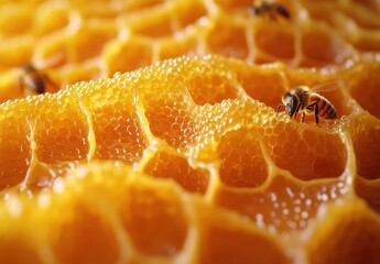 Close-up View of Honeycomb with Bees Collecting Nectar and Brimming with Honey in Natural Setting