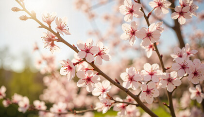 Obraz premium Blooming cherry blossoms in soft morning light, seasonal beauty