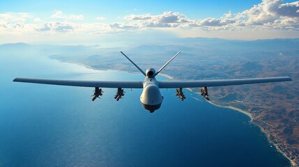 An advanced military drone soars above a beautiful coastal landscape, with the sun shining and clear blue skies enhancing the serene view below