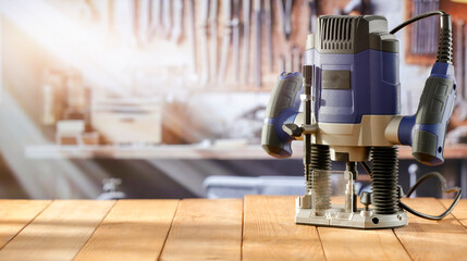 milling machine on a wooden table in a workshop against the background of a wall with tools