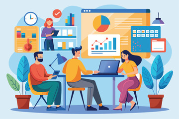 A group of individuals analyzes business data from their home office with charts and graphs on display, People analyzing business data from home trending