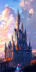 Obraz premium Enchanted Castle in a Fairy Tale Landscape: A Tall Tower Full of Ancient Magic