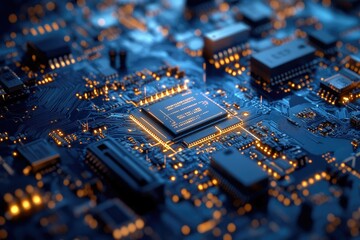 Abstract Tech Schematic: Circuitry Design with Digital Chips on a Blue Background