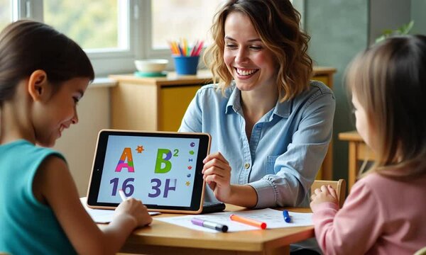 Happy Kindergarten Teacher Using Tablet Computer to Engage Students