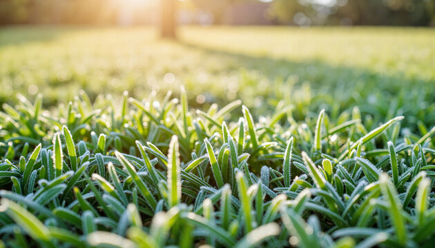 Frost-covered grass glistening in morning light, suburban tranquility