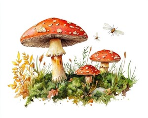 Fototapeta premium Botanical Watercolor Depiction of Moss and Mushrooms in Enchanted Forest Setting