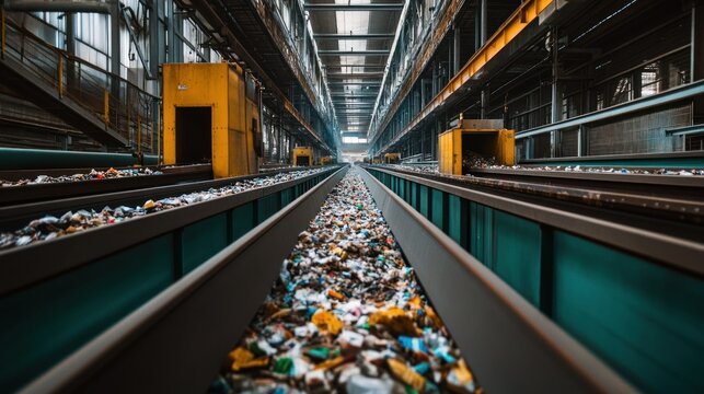Industrial Conveyor Belt Transporting Waste Through a Facility