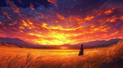 Fototapeta premium A solitary figure stands in a golden field during sunset
