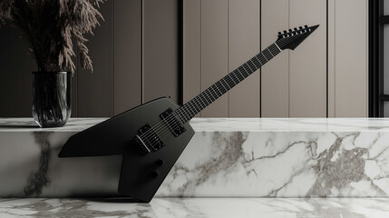 Dynamic sleek black guitar with subtly vibrating strings exuding rock sophistication and timeless musical allure