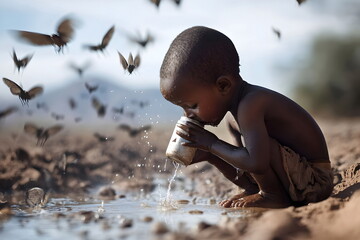 Thirsty boy in a desert