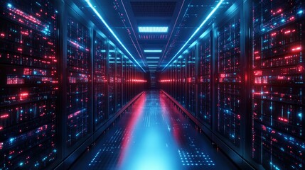 Fototapeta premium Modern Data Center: Advanced Computer Mainframes and Cloud Network Infrastructure for Secure Data Storage and Communication