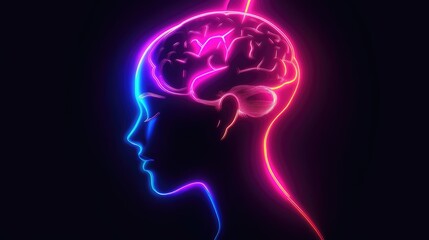 Neon Silhouette of a Human Head: Vivid Illustration of Intense Chronic Stress and Migraine Pain