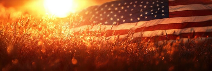 Vibrant Sunrise Over a Meadow with American Flag Inspired by the 4th of July Nature Celebration