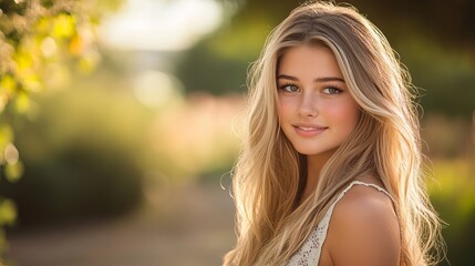 Naklejka premium Beautiful Blonde Teen Girl Outdoor Portrait Golden Hour Natural Light Summer Sunshine Happy Smiling Pretty Woman Young Female Model Long Hair Casual 