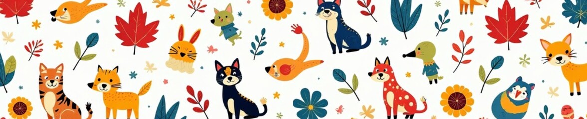 Fototapeta premium Whimsical doodle cartoon animals and objects in seamless pattern, seamless, fun, quirky