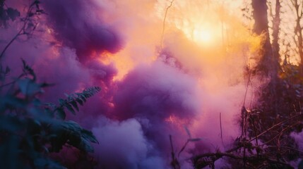 Obraz premium Beautiful purple smoke billowing through the trees in an outdoor forest setting