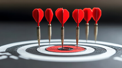 Fototapeta premium A dartboard with multiple darts around the bullseye but one perfectly centered, symbolizing the power of consistency and focus