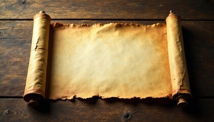 Weathered scroll on wooden table, aged letter vintage backdrop, manuscript, scroll, antique