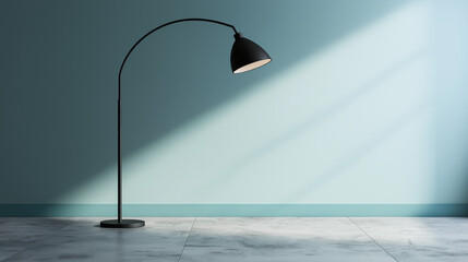 Dark teal floor lamp set against a blank wall, radiating sleek design and subtle elegance