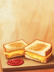 Grilled Cheese Sandwich Delight - Two golden-brown grilled cheese sandwiches with melted cheese, served on a wooden board with ketchup