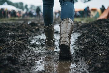 Person walking through a muddy festival ground in the rain