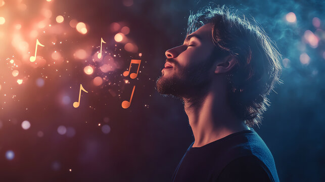 A man singing with closed eyes, musical notes glowing around him, representing how singing and chanting enhance vagus nerve activity