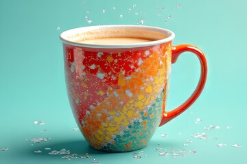 Vibrant Colorful Coffee Mug with Splash of Water, Decorative Design