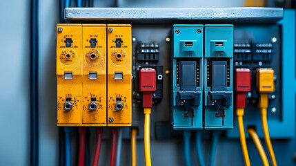 Electrical breaker box with colorful circuit breakers and wires, showcasing close up view of components. image conveys sense of modern electrical systems and safety