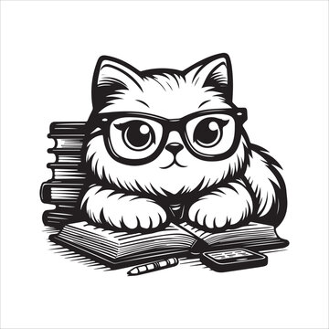 recommend clip art: Cute cartoon cat wearing glasses and sitting on a stack of books. A stylized black and white illustration of a cat wearing large glasses and sitting amongst a stack of books.