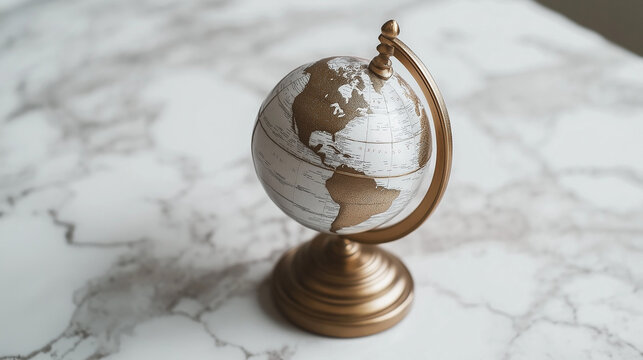 A miniature metallic globe on a white marble backdrop, reflecting global sophistication