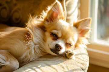 Sweet Chihuahua Dog Napping Peacefully in Sunlight by Window on Couch, Small Pet, Relaxing