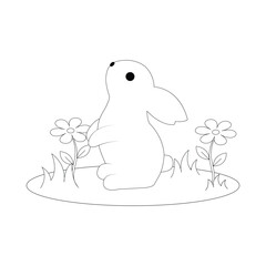 Black and white minimalist bunny outline icon.Coloring page outline of cartoon cute little rabbit with  flower.Cute Easter bunny coloring pages for kids 