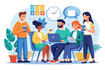 Fototapeta premium A group of five professionals share ideas and discuss working hours around a meeting table, people are talking about working hours rules