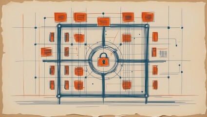 Network Security Diagram Ink Drawing. Blue lines form grid with orange squares and circles connected to orange padlock in center. Digital security concept.