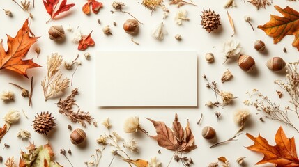 Dried Leaves Nuts and Pinecones on a Blank White Surface