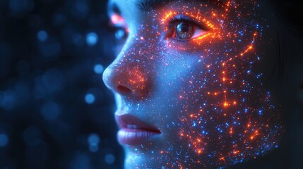 Woman from neurons with orange neon lights