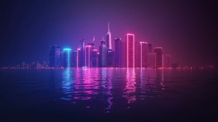 Fototapeta premium Neon Cityscape Reflection: A Nighttime Metropolis