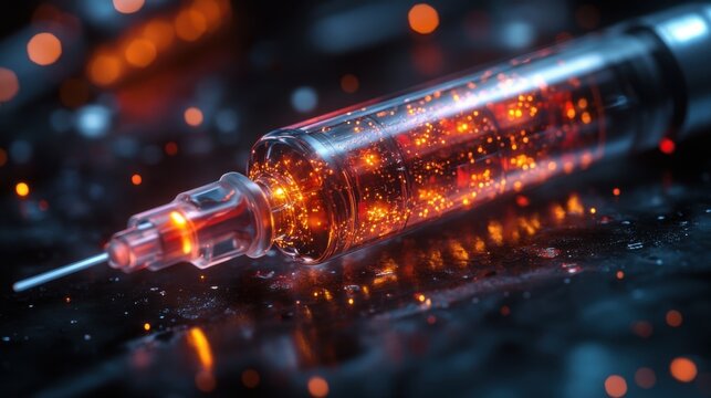 Extreme close-up of a futuristic syringe with nanobot-laced medicine. Concept of future technologies