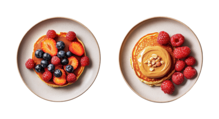 Delicious pancake breakfast with fresh berries and peanut butter for a nutritious start to the day, cut out