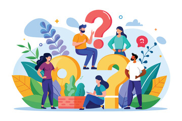 A group of people actively discussing and asking questions in a vibrant and friendly atmosphere, People asking questions, illustrated in a flat organic style