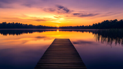Obraz premium Golden Sunset Over Tranquil Lake with Silhouetted Trees and Wooden Pier Reflection