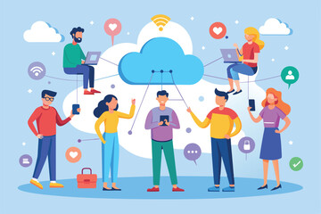 A diverse group of individuals engages with cloud technology while sharing ideas and devices, people back up cloud connections