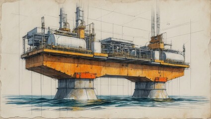 Fototapeta premium Offshore oil platform sketch illustration in blue ocean. Industrial structure with tanks and pipes. Orange metal construction on rough paper.