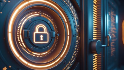 Fototapeta premium Glowing Lock on Metal Door, Dark Blue and Orange. Padlock symbol inside spinning round frame, abstract security system.