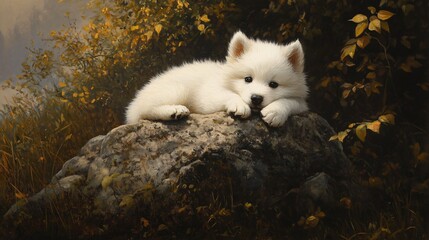 Fototapeta premium Adorable Samoyed Puppy Sitting on Rock in Lush Bush Environment