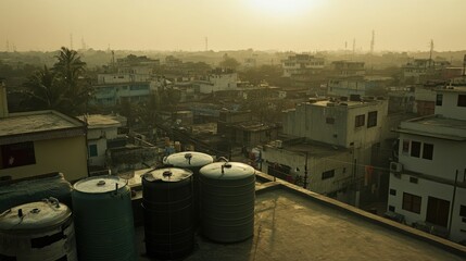 Urban landscape with many rooftops and tanks under a golden sun