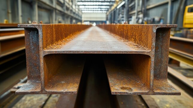 A rusty steel beam stands inside a large industrial building at length