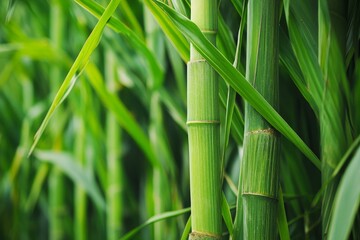 Lush Green Bamboo Grove - Close-up view of vibrant green bamboo stalks and leaves, showcasing the natural texture and detail of the plant