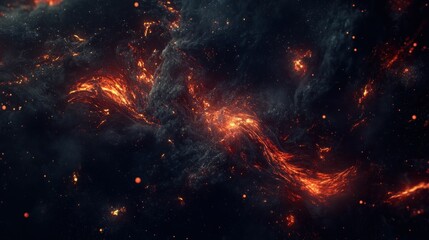Fototapeta premium Fiery swirling nebulae and galactic particles illuminating the dark expanse